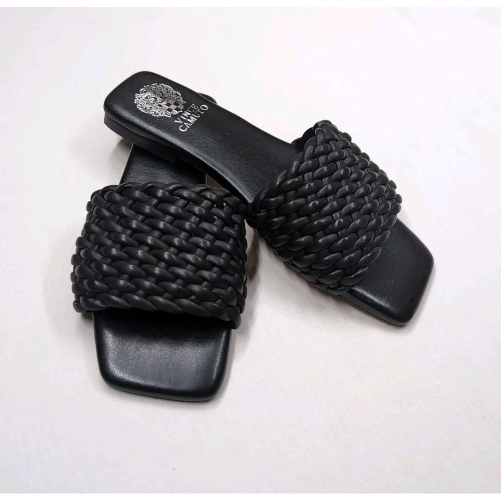 Vince Camuto Women's 9.5 Arissa Woven Leather Flat Sandal Slide Black Coastal